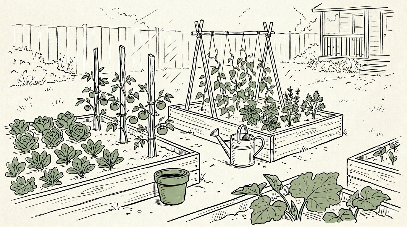 Hand-drawn illustration of a small home vegetable garden in afternoon light